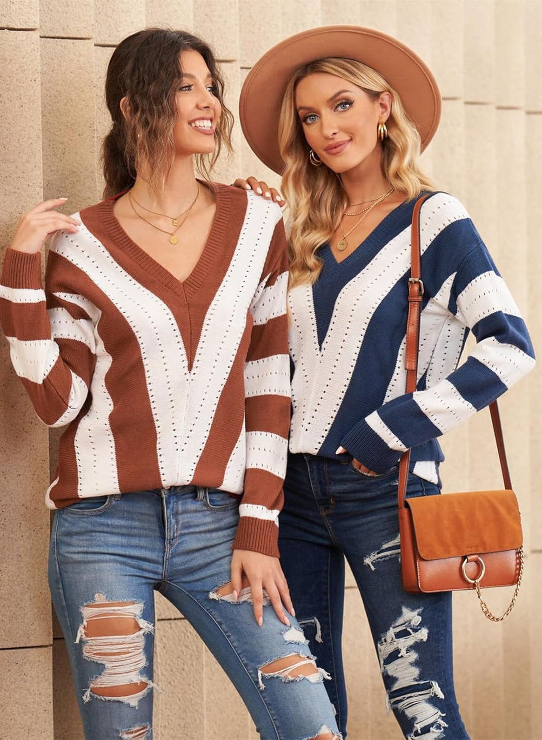 Dokotoo Damen Strickpullover V-Ausschnitt Casual Pullover Warm Oberteil Tops Streifen Sweater Elegan