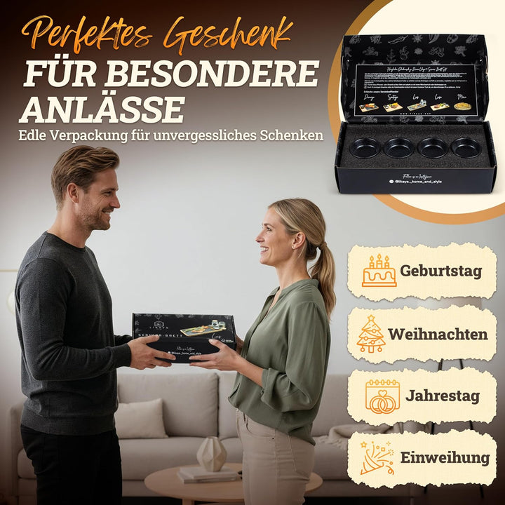 LIKAYA Steak- & Servierbrett 2er-Set aus FSC Akazienholz mit Schieferplatte & Dipschalen – Grillbret