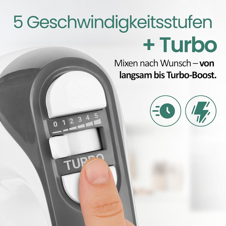 EMERIO elektrischer Handmixer Handrührer Mixer Handrührgerät mit 400 Watt 5 Geschwindigkeiten & Turb
