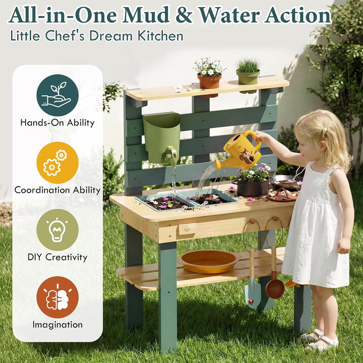 Lehoo Castle Holz Outdoor Matschküche für Kinder, Spielküche mit Echtem Waschbecken Küchenzubehör, G