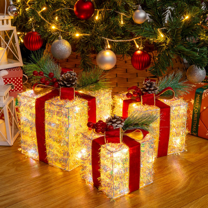3er Set LED Geschenkbox Weihnachten, Beleuchtete Deko Geschenke mit 60 LEDs, 8 Lichtmodi & Timer, We