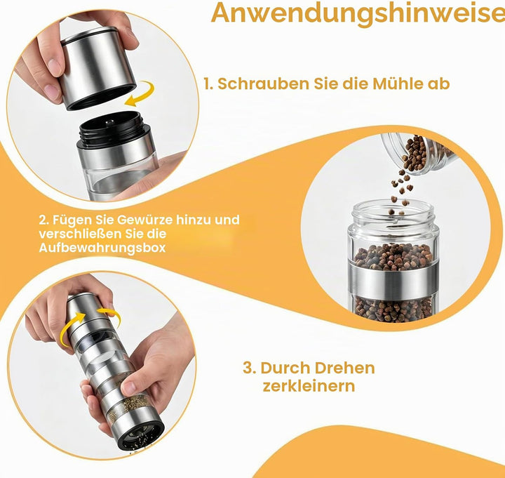 5 in 1 Gewürzstreuer, Edelstahl Tragbare Gewürzdosen mit Gewürzmühle, Mini Transparente Gewürzgläser
