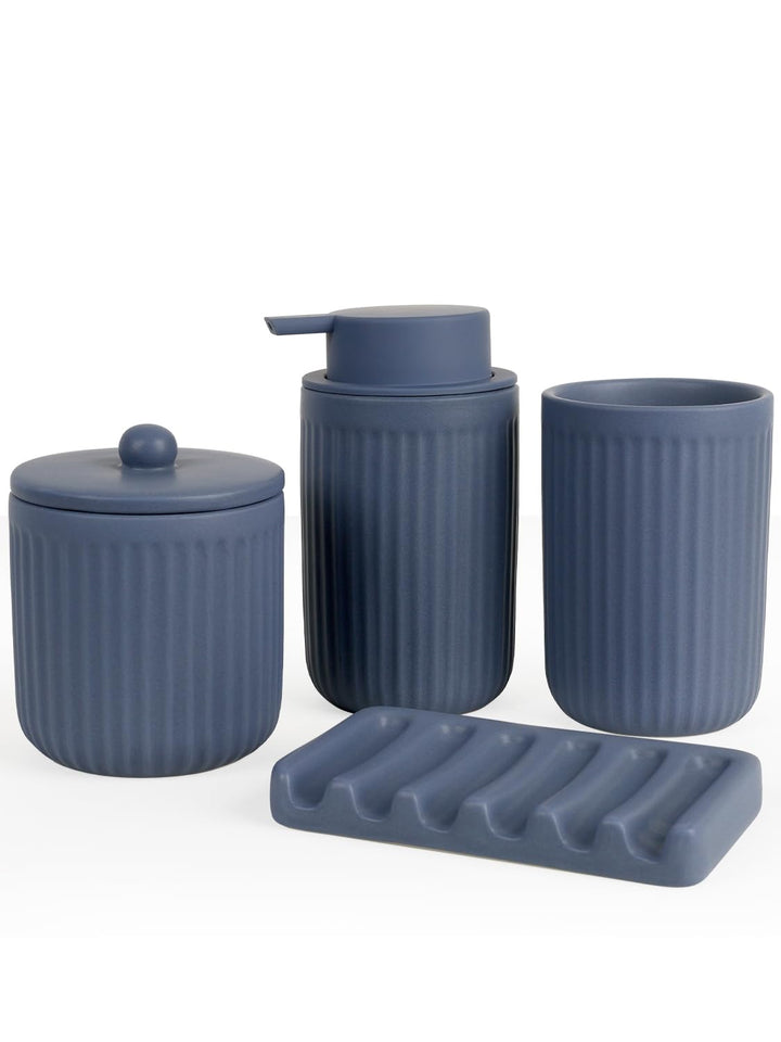 Badezimmer Set Blau, 4-teilig Keramik Bad Zubehör - 350 ml Seifenspender, Zahnputzbecher, Seifenscha