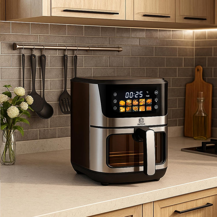 Retoo Heissluftfritteuse 6.5L 1800W, 10 Programmen Friteuse Heissluft, max 200°C, Air Fryer bis zu 9