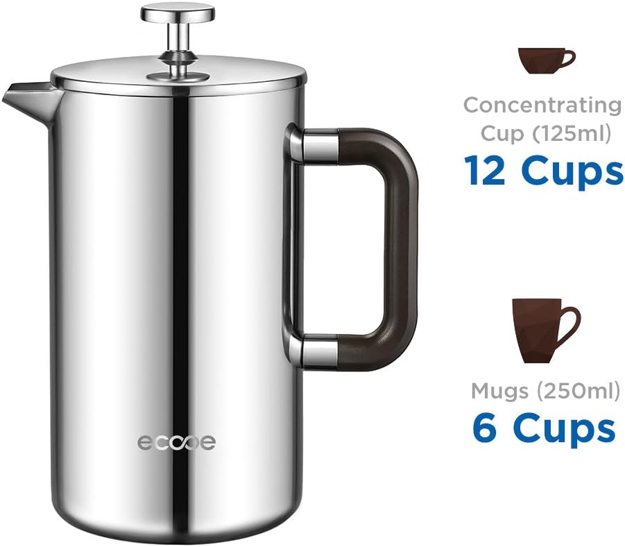 Ecooe 1.5L French Press Kaffee Doppelwandiger Kaffeebereiter aus 18/10 Rostenfrei Edelstahl mit 3 Fi