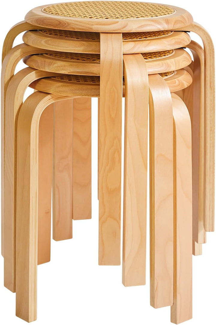 IBUYKE Oberfläche des Rattanstuhls 4er Set Esszimmerhocker, Holzstapelstuhl mit Rutschfester Matte,