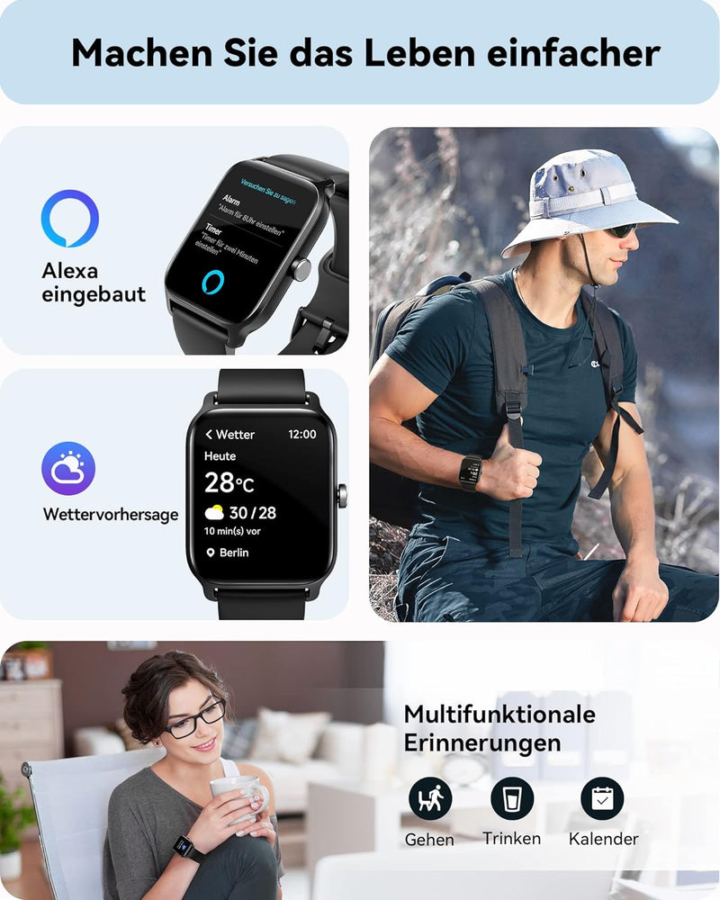 Woneligo Smartwatch Herren mit Telefonfunktion, 1.8" Fitnessuhr Herren mit Alexa integriertem Pulsme