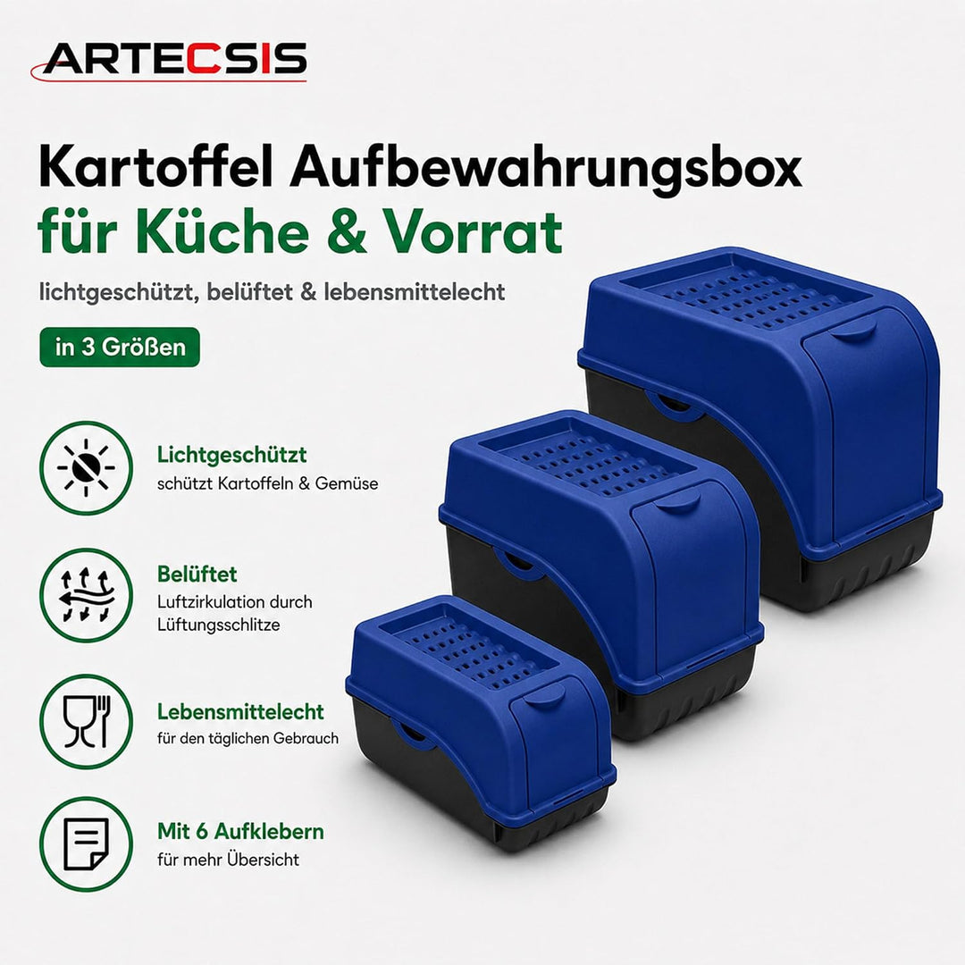 ARTECSIS® 3 x Kartoffel Aufbewahrungsbox mit Deckel für 4 kg Kartoffeln (königsblau) - Vorratsbehält