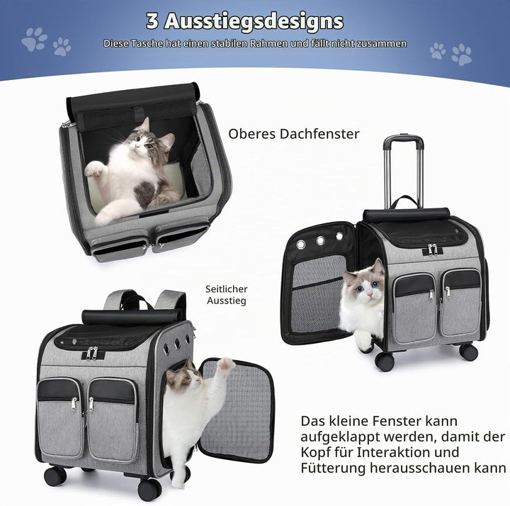 PETCUTE Katzenrucksack Hunderucksack mit Trolley 2 in 1 bis 11 kg,Faltbarer Hundetrolley mit 4 Räder