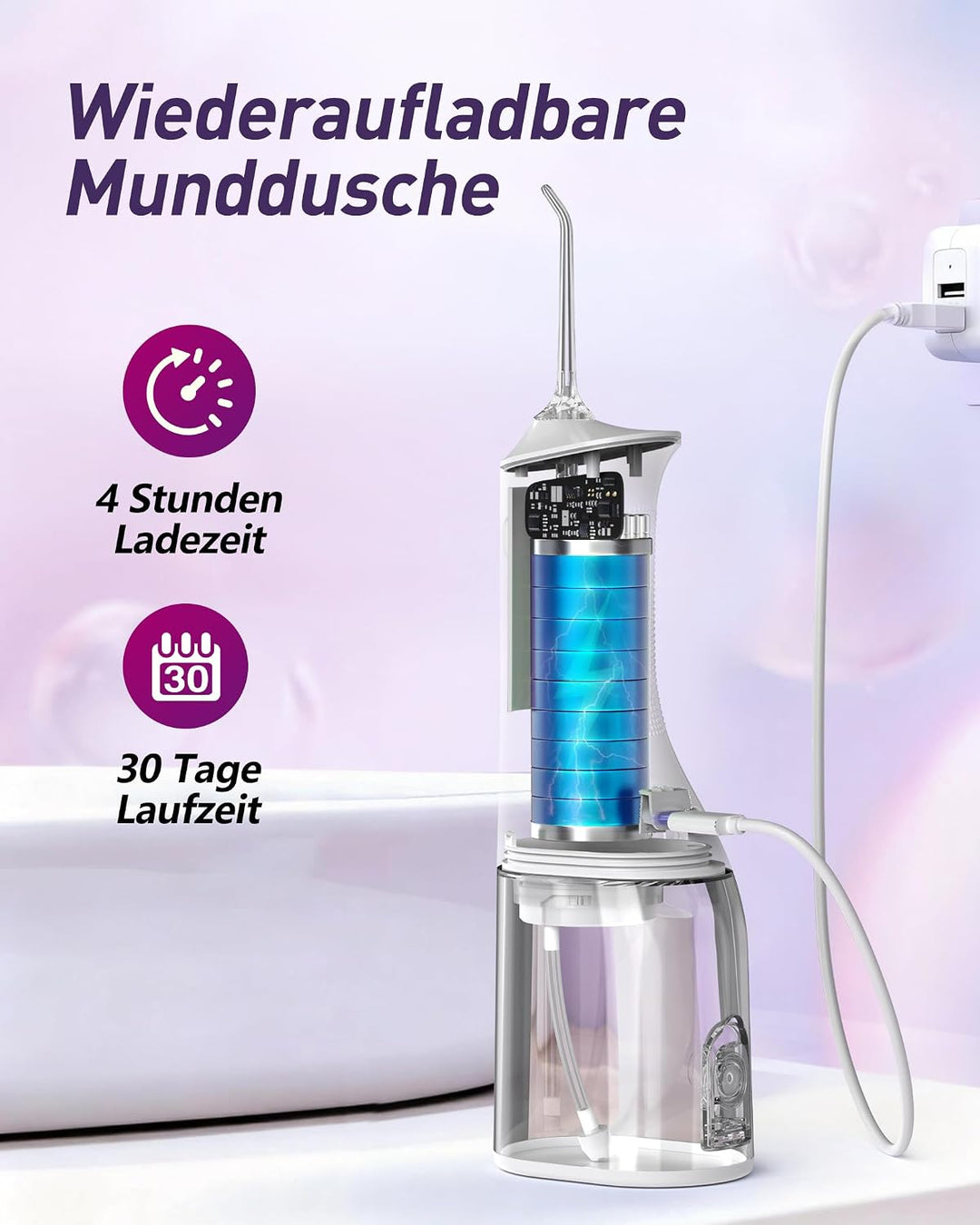 Glracd Munddusche Kabellos | munddusche kabellos 350ML Tank, Zahnzwischenraumreiniger mit 6 Jet-Tipp