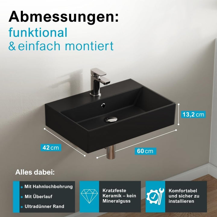 Aqua Bagno | Eckiges Design Waschbecken mit dünnem Rand, Trendfarbe schwarz matt, hochwertige Kerami