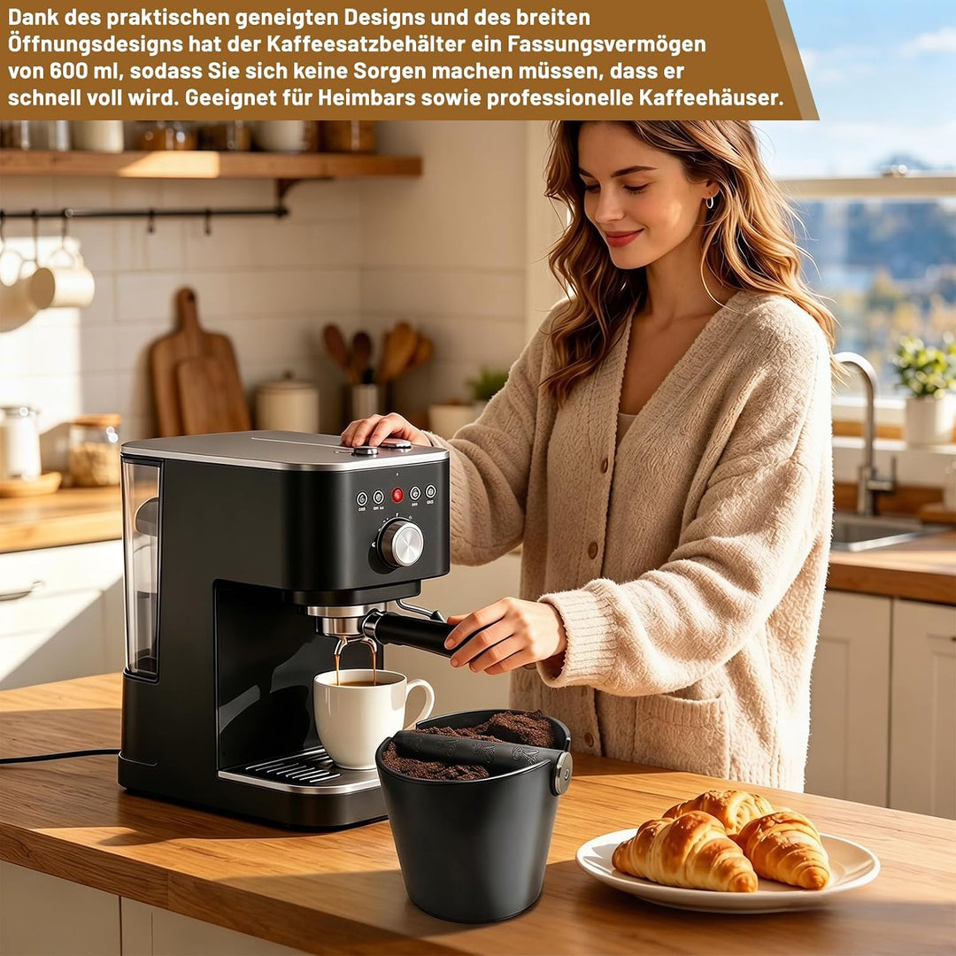 Knock Box für Siebträger – Kaffeesatz-Abklopfbehälter mit schalldämpfender Edelstahl-Klopfstange, Bü