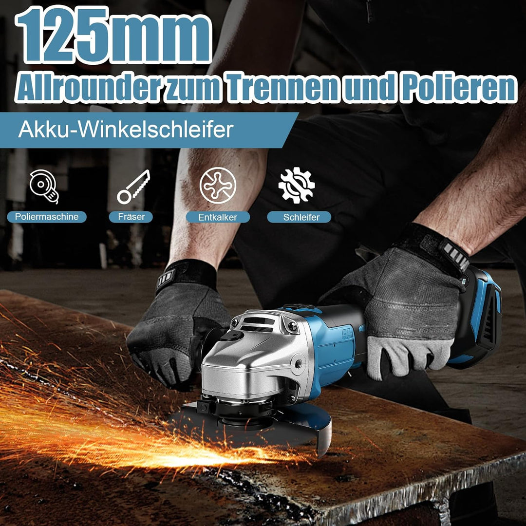Akku Winkelschleifer für Makita 18V, Bürstenlon kompakt 9000 U/min mit 4 Geschwindigkeiten,125mm Sch