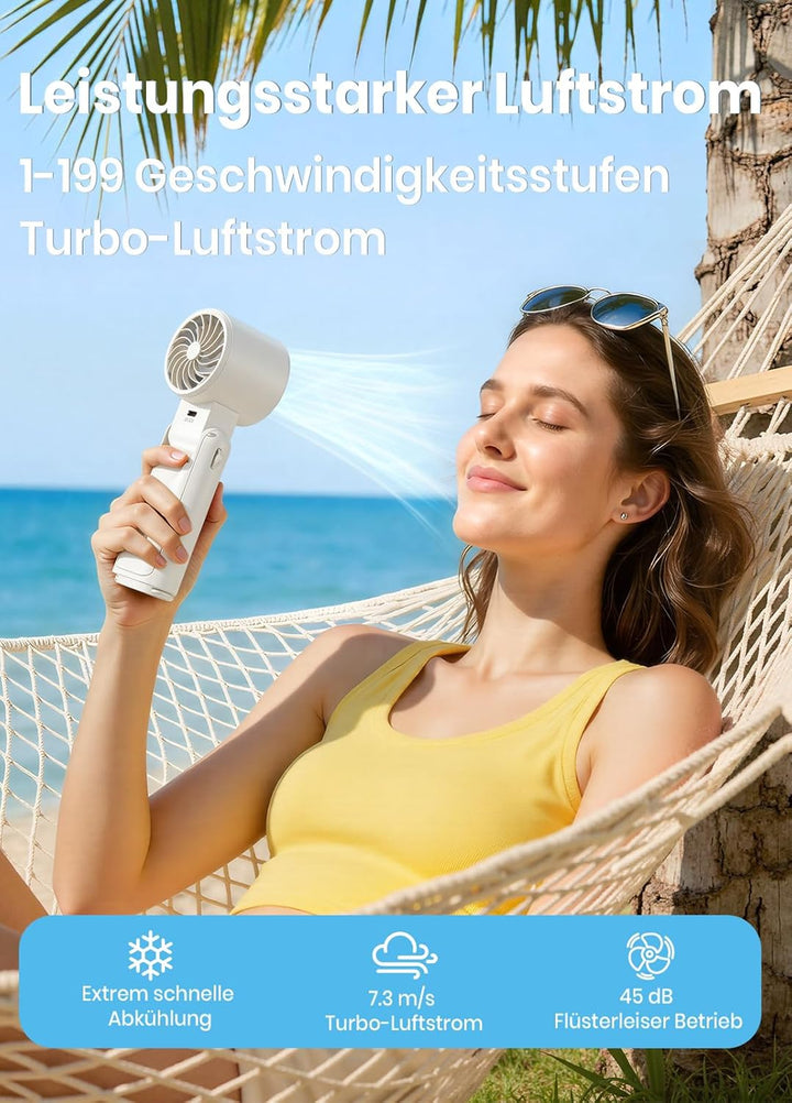 Handventilator Akku aufladbar mit LED-Display & Clip, 1-199 Stufen, 3-in-1 Ventilator für Hand, Nack