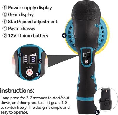 ADWOLT Auto Poliermaschine Set, Akku Poliermaschine, Exzenter Poliermaschine, 8 Geschwindigkeiten bi