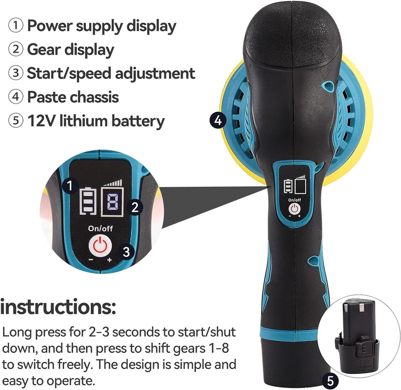 ADWOLT Auto Poliermaschine Set, Akku Poliermaschine, Exzenter Poliermaschine, 8 Geschwindigkeiten bi