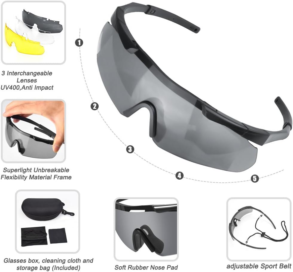 Feyachi Schutzbrille mit 3 Austauschbaren Beschlagfrei & Kratzfest Gläsern, Schiessbrille für Sports