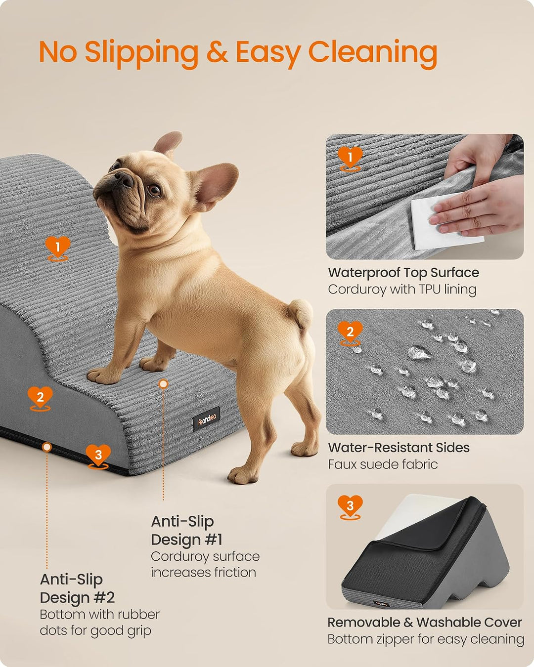 Feandrea Hundetreppe, 3 Stufen, Haustiertreppe, für kleine Hunde, Bett, Sofa, wasserdichte Katzentre