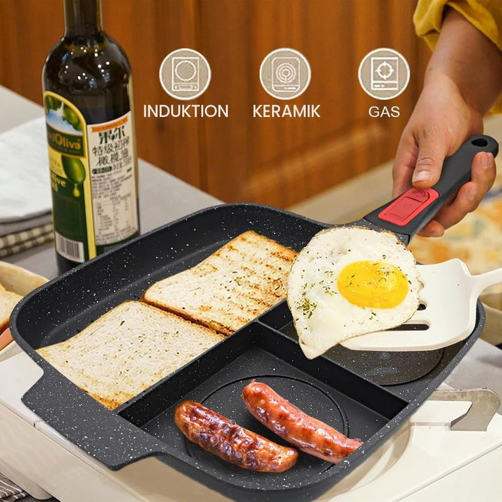 Multi Grillpfanne mit Deckel und Abnehmbarer Griff, Steakpfanne Induktion 3 in 1 - Schwarz, Schwarz