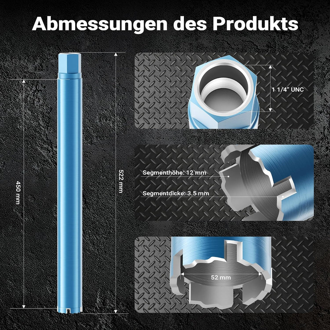 Wiltec Diamantbohrkrone Typ 1 (Shark) Ø 52 mm, Bohrkrone 450 mm, 1¼ UNC Nassbohrkrone, Diamantbohrer