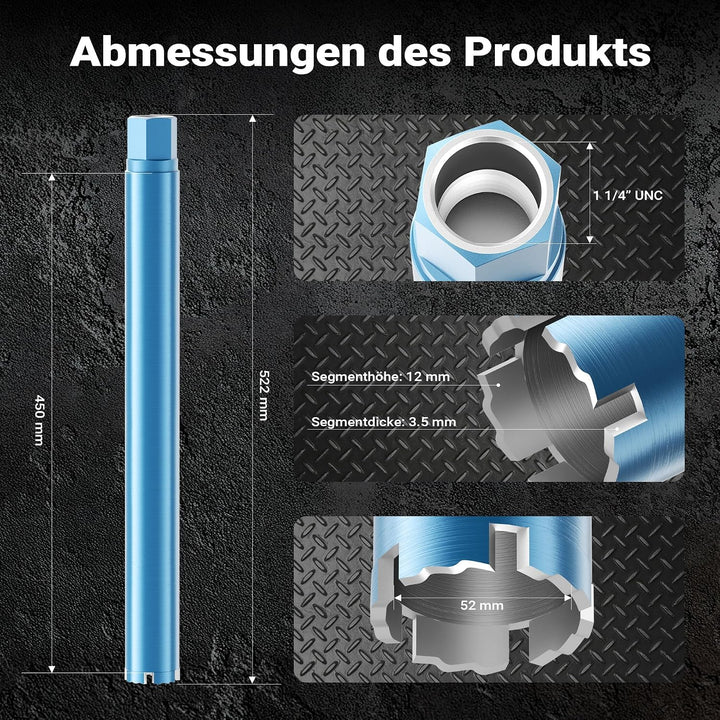 Wiltec Diamantbohrkrone Typ 1 (Shark) Ø 52 mm, Bohrkrone 450 mm, 1¼ UNC Nassbohrkrone, Diamantbohrer