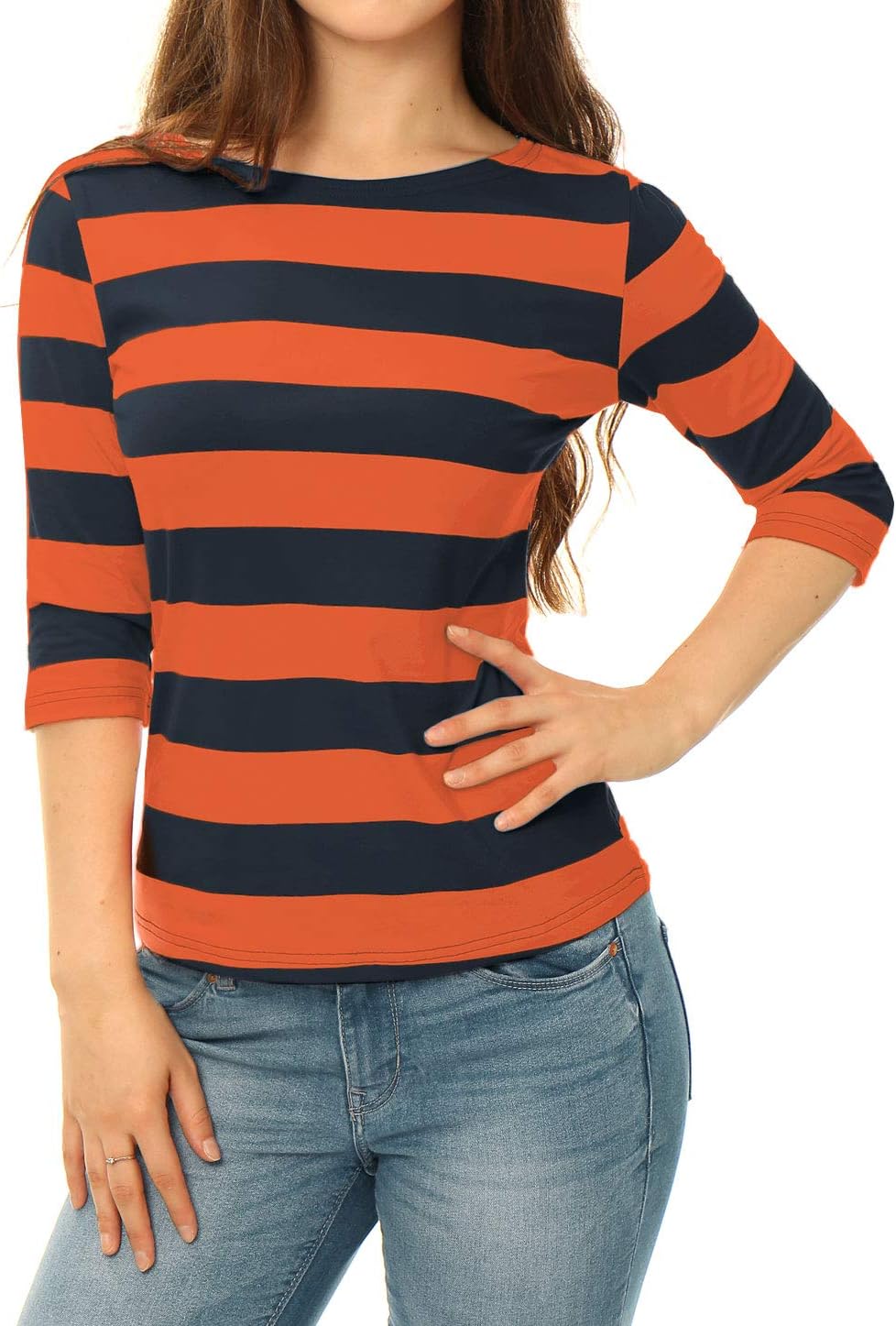 Allegra K Damen Gestreiftes Shirt U Boot Ausschnitt Halbarm Party Ferien Streifen Top Bluse XS Orang