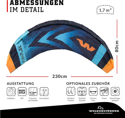 Wolkenstürmer® Paraflex Trainer 3-Leiner Lenkmatte 2.3 (türkis) - „Ready to Fly“ Kite Drachen inkl.