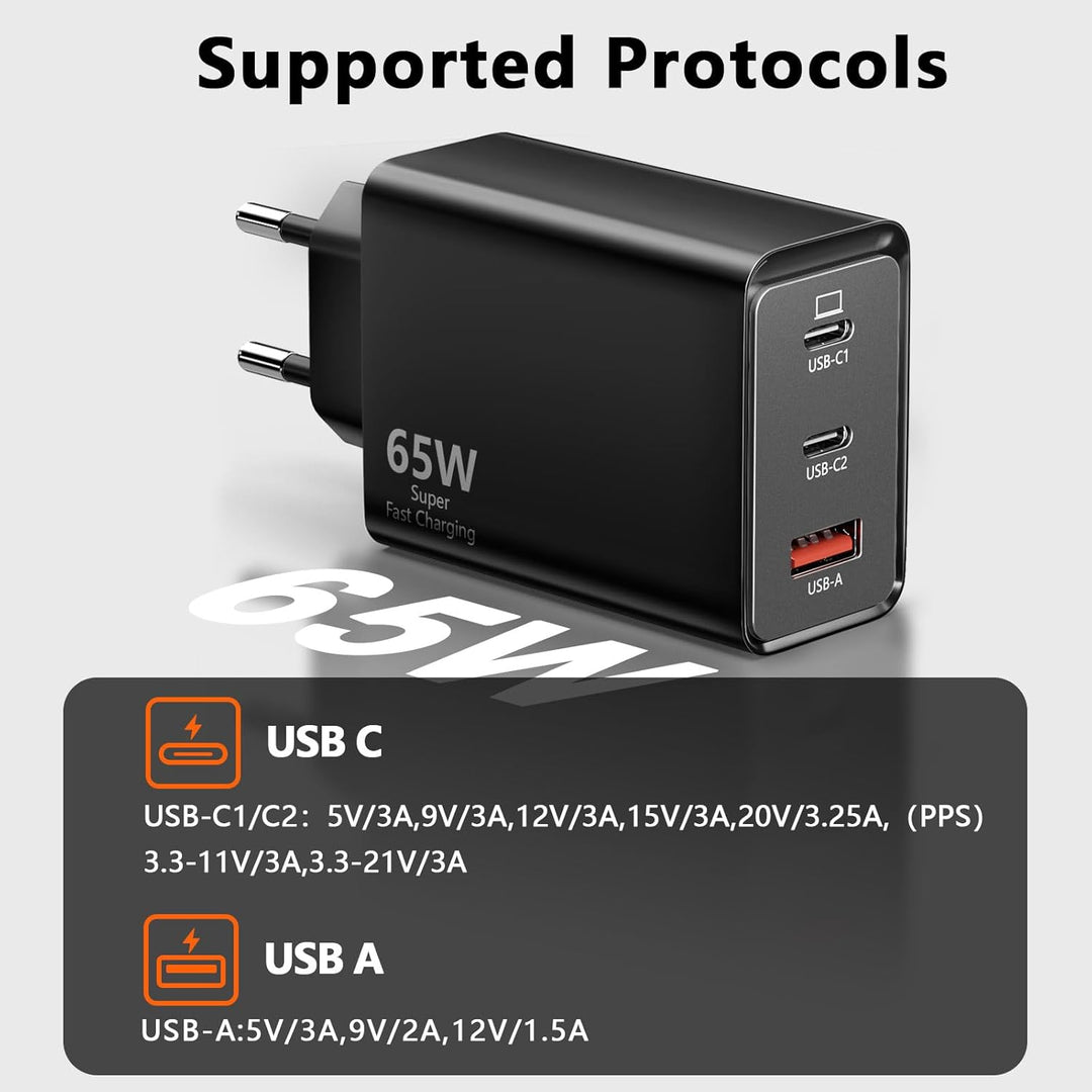 USB C Ladegerät 65W, 3-Port【2 USB C+1 USB A】USB-C Netzteil PPS Schnellladegerät PD+QC Charger kompat