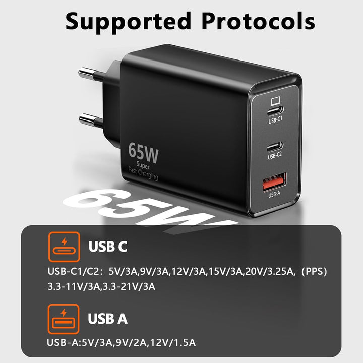 USB C Ladegerät 65W, 3-Port【2 USB C+1 USB A】USB-C Netzteil PPS Schnellladegerät PD+QC Charger kompat