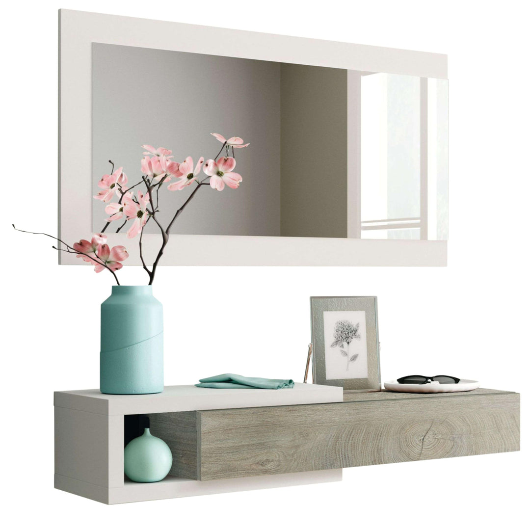 Flur mit Schublade und Spiegel, Eingangsmöbel, Modell Noon, Ausführung in Artik White und Alaska Oak