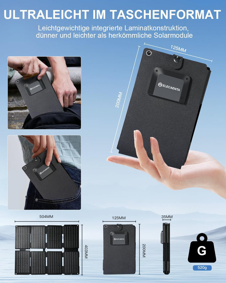 ELECAENTA 25W ETFE Tragbar Solar Ladegerät, Taschenformat Mini Faltbares Solarpanel mit USB-A & USB-