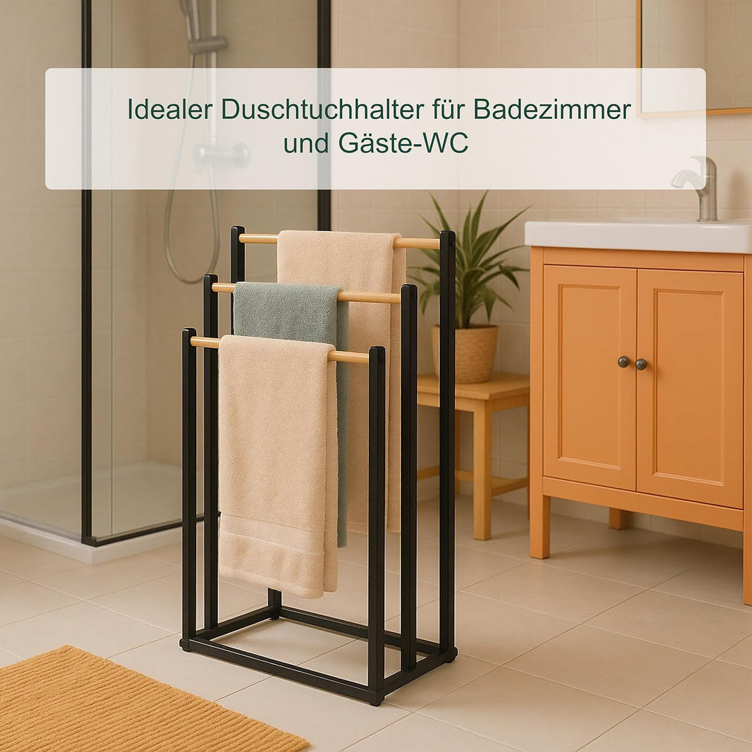 Relaxdays Handtuchständer, HBT: 76 x 45 x 21,5 cm, Metall, Bambus, 3 Stangen, Handtuchhalter stehend