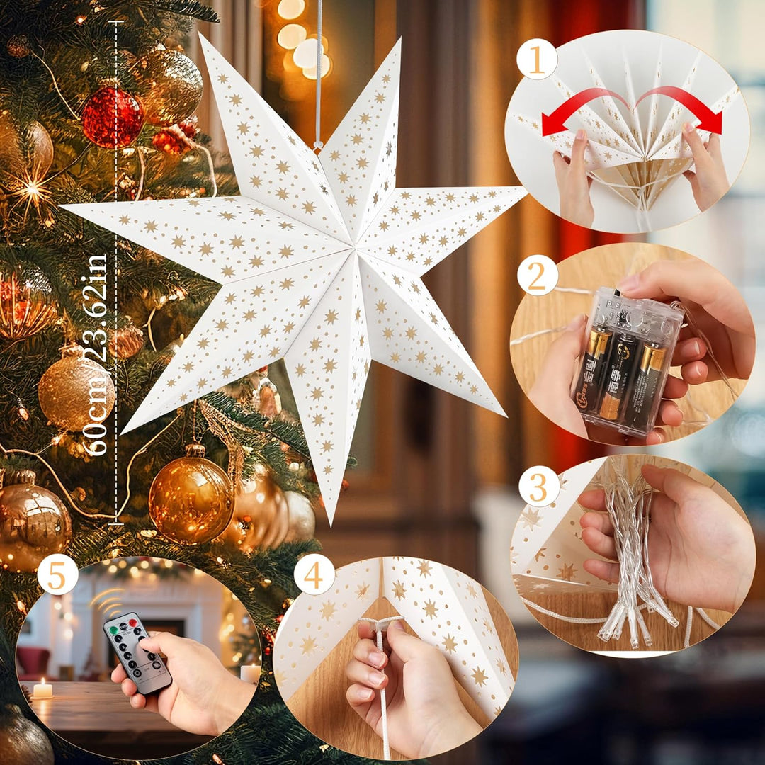 Weihnachtsdeko - LED Weihnachtsstern Beleuchtet zum Aufhängen,2 Stück Papierstern Beleuchtet 8 Leuch
