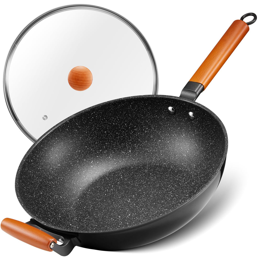 BEZIA Wokpfanne mit Deckel, Wokpfanne Induktion, Wok Pfanne 32 cm antihaftbeschichtet mit Holzgriff,