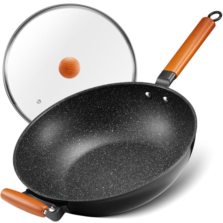 BEZIA Wokpfanne mit Deckel, Wokpfanne Induktion, Wok Pfanne 32 cm antihaftbeschichtet mit Holzgriff,