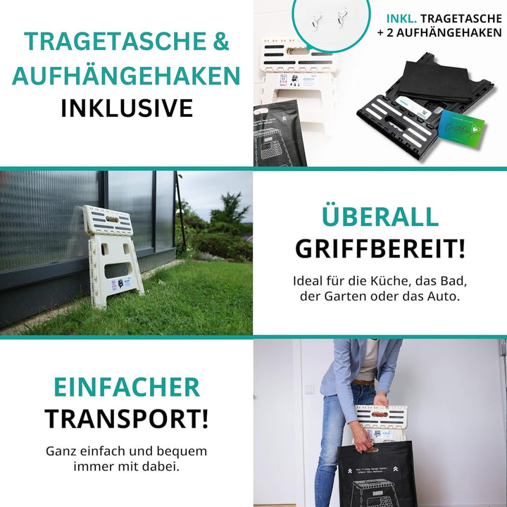 VERGLEICHSSIEGER - Alason Tritthocker Klappbar 22 cm, Belastbar bis 150 kg – Mit Aufhängehaken & Auf