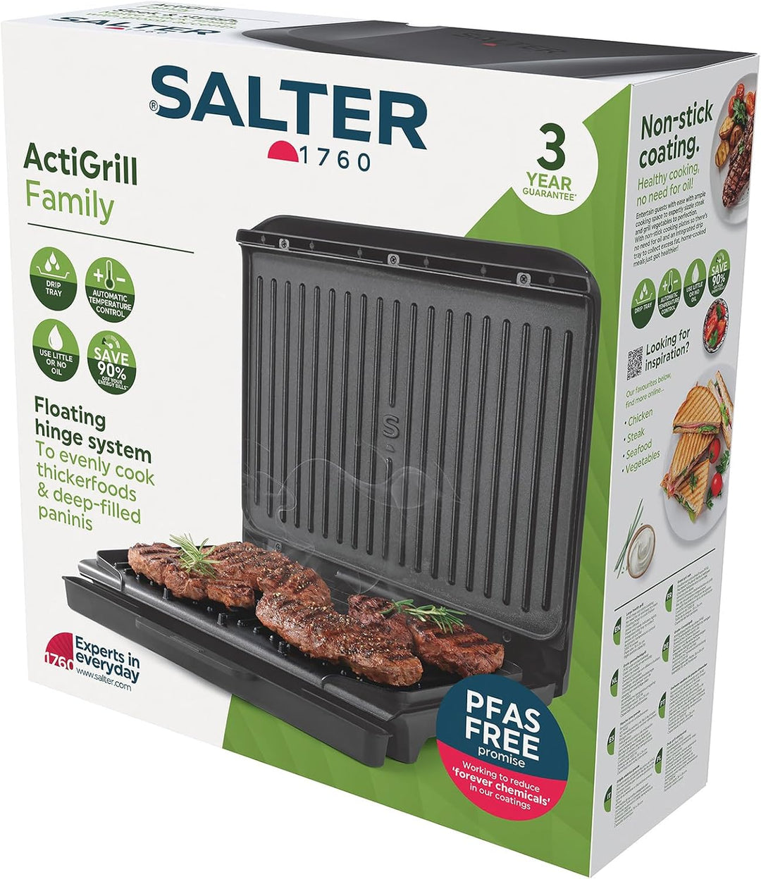 Salter ActiGrill Familie – 8 Portionen grosser Gesundheitsgrill, schwimmendes Scharnier für dickere