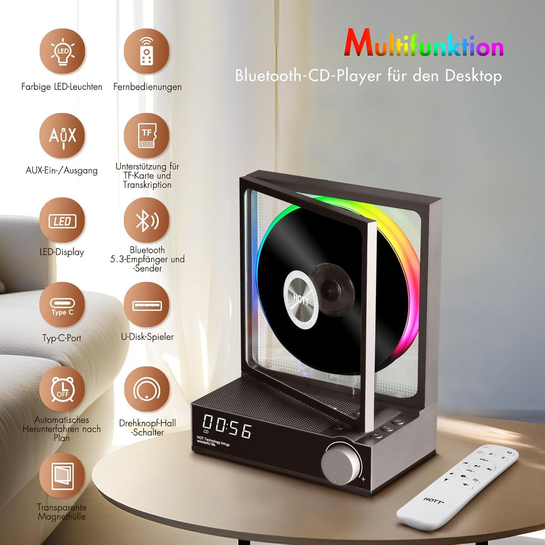 HOTT CD-Player Tragbar mit Fernbedienung, Bluetooth 5.3 Desktop CD Player mit RGB-Lichtern, Tragbare