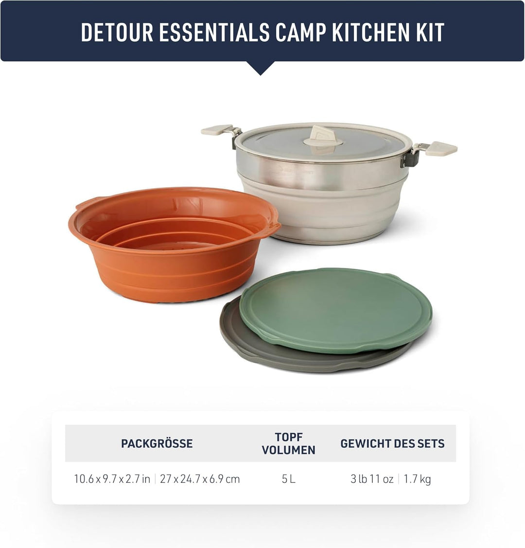 SEA TO SUMMIT - Detour Essentials Camp Kitchen Kit - 2 bis 4 Personen, 4-teilig - Faltbarer Topf 5L