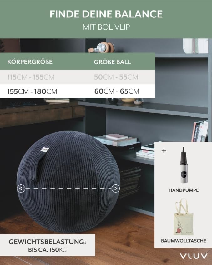 VLUV® BOL VLIP Sitzball Büro Ergonomisch [Atmungsaktiv mit Tragegriff und Wegrollschutz] Waschbarer
