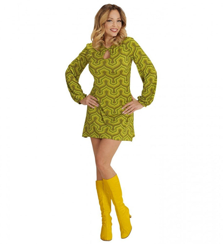 shoperama 70er Jahre Retro KLEID mit Tapetenmuster Grün Disco Damen Kostüm Siebziger 70s