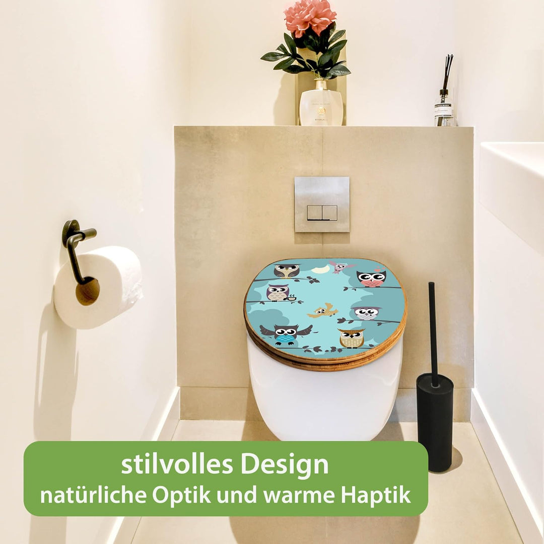 banjado® Design WC Sitz Bambus Absenkautomatik mit Motiv Acht Eulen/Toilettendeckel mit Absenkautoma