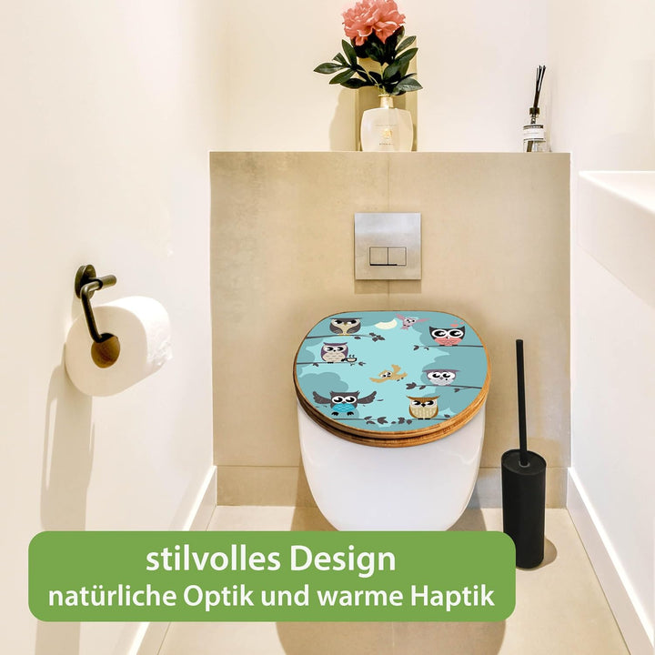 banjado® Design WC Sitz Bambus Absenkautomatik mit Motiv Acht Eulen/Toilettendeckel mit Absenkautoma