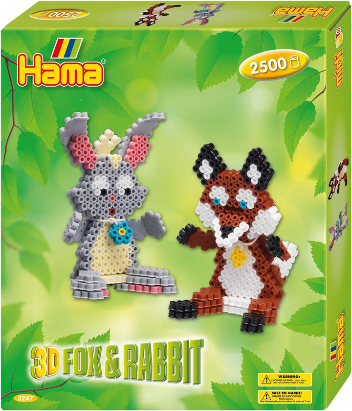 Hama Perlen 3247 Geschenkset 3D Fuchs und Hase mit ca. 2.500 Midi Bügelperlen, Motivvorlage und Stif