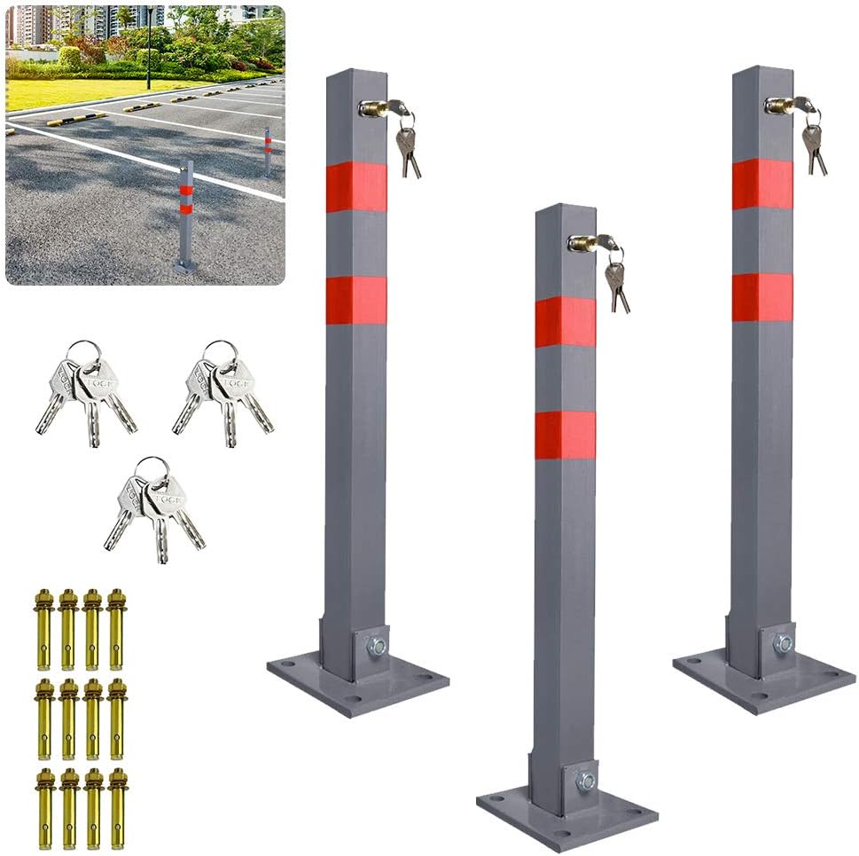 3x Parkpfosten mit 3 Schlüssel klappbar Absperrpfosten, Stahl Parkplatzsperre Parkplatzsperren mit R