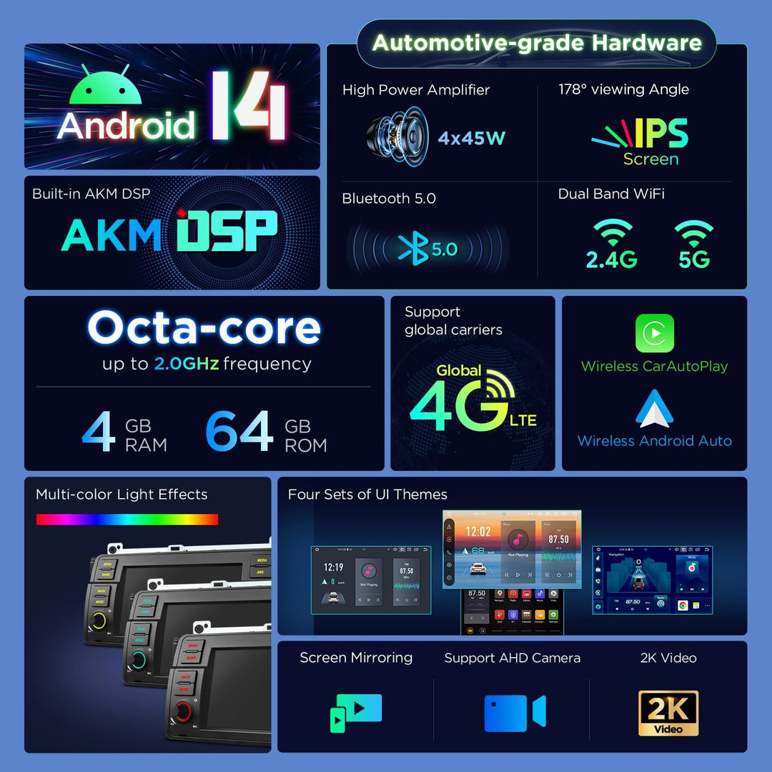 XTRONS 7 Zoll IPS Android 14 Autoradio mit Navi Octa Core 4+64GB für BMW E46 Rover ZT Eingebautes 4G
