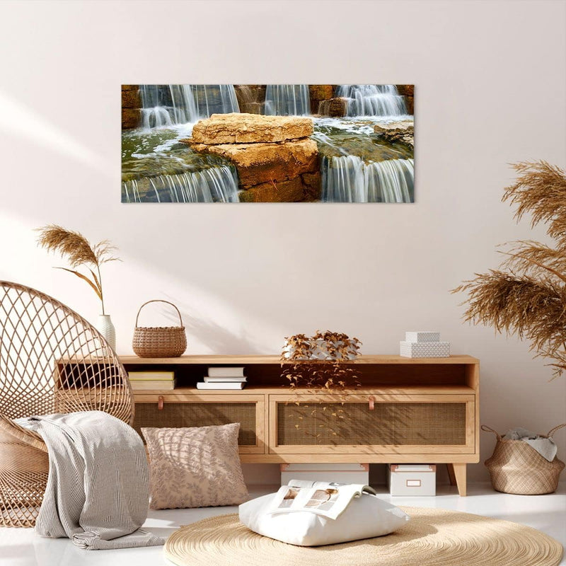 Wandbilder Dekoration Wohnzimmer Wasserfall Steine Wasser Panorama Bilder auf Leinwand 120x50cm Lein