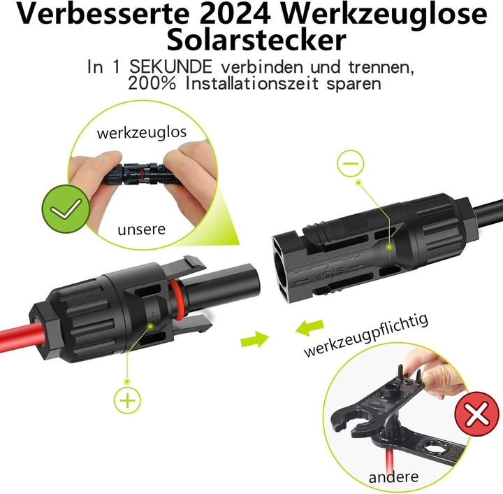 Tool-Free Solarkabel 4mm²/6mm²,Solarkabel Verlängerung 1/2/3/5/10M,PV Kabel(4mm2, 10m) 4mm²10M, 4mm&