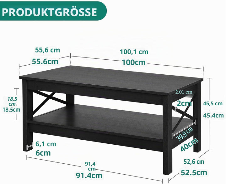 YITAHOME Couchtisch, Wohnzimmertisch, 2-stöckiger Dicker Holz Rechteckiger Couchtisch, X-Form Metal