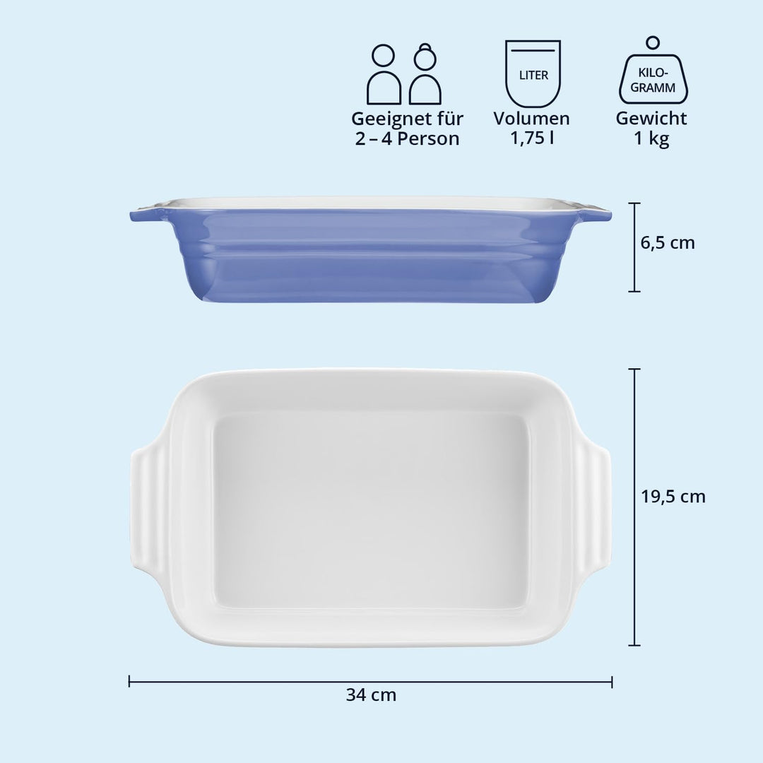 KHG Auflaufform mittelgross 34 cm, Kapazität 1,75 Liter in Hellblau für 3-4 Personen, Ofenform aus K